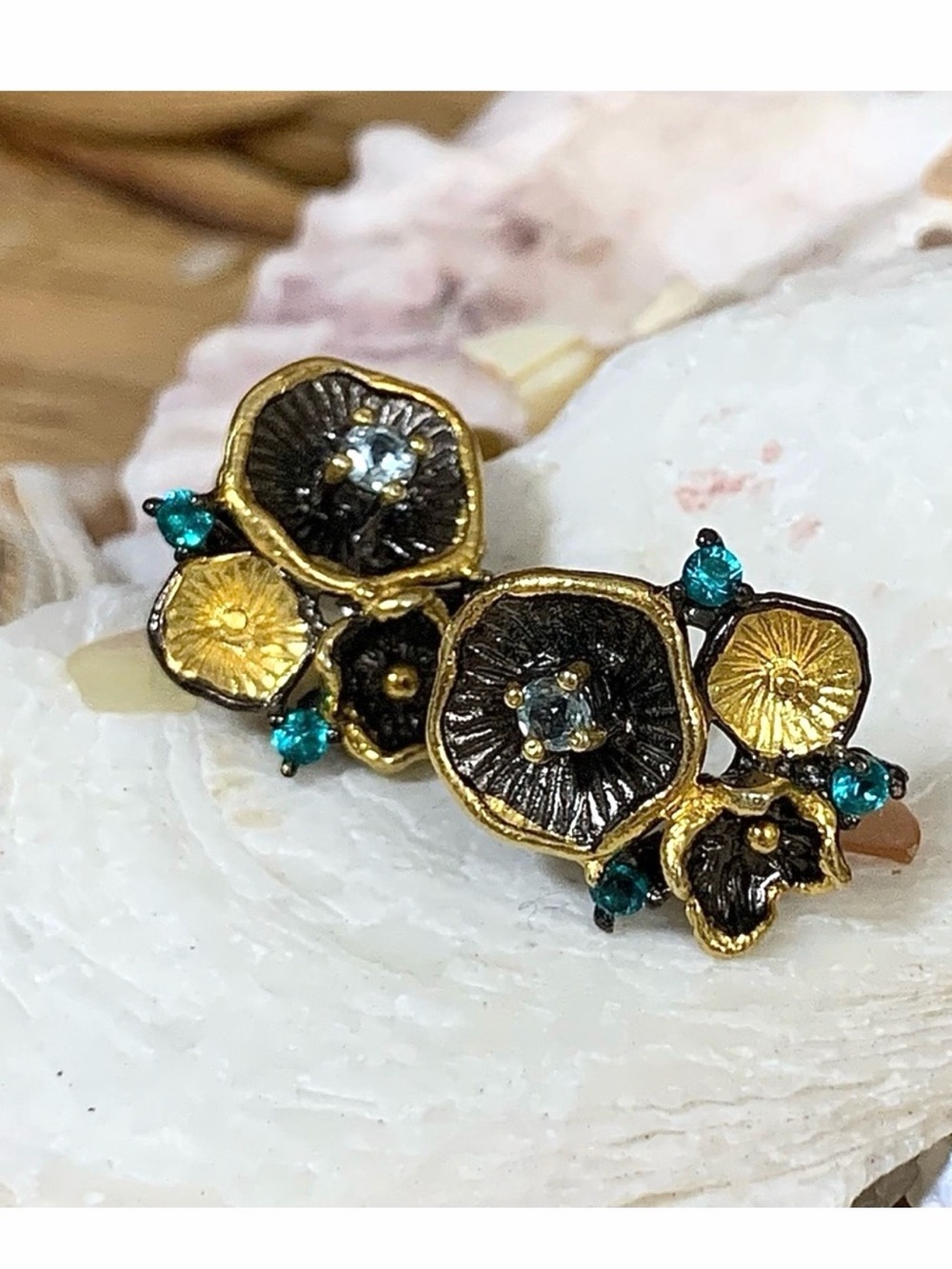 Gemstone Sterling & 14 kt Floral Lilly Pad Earrings